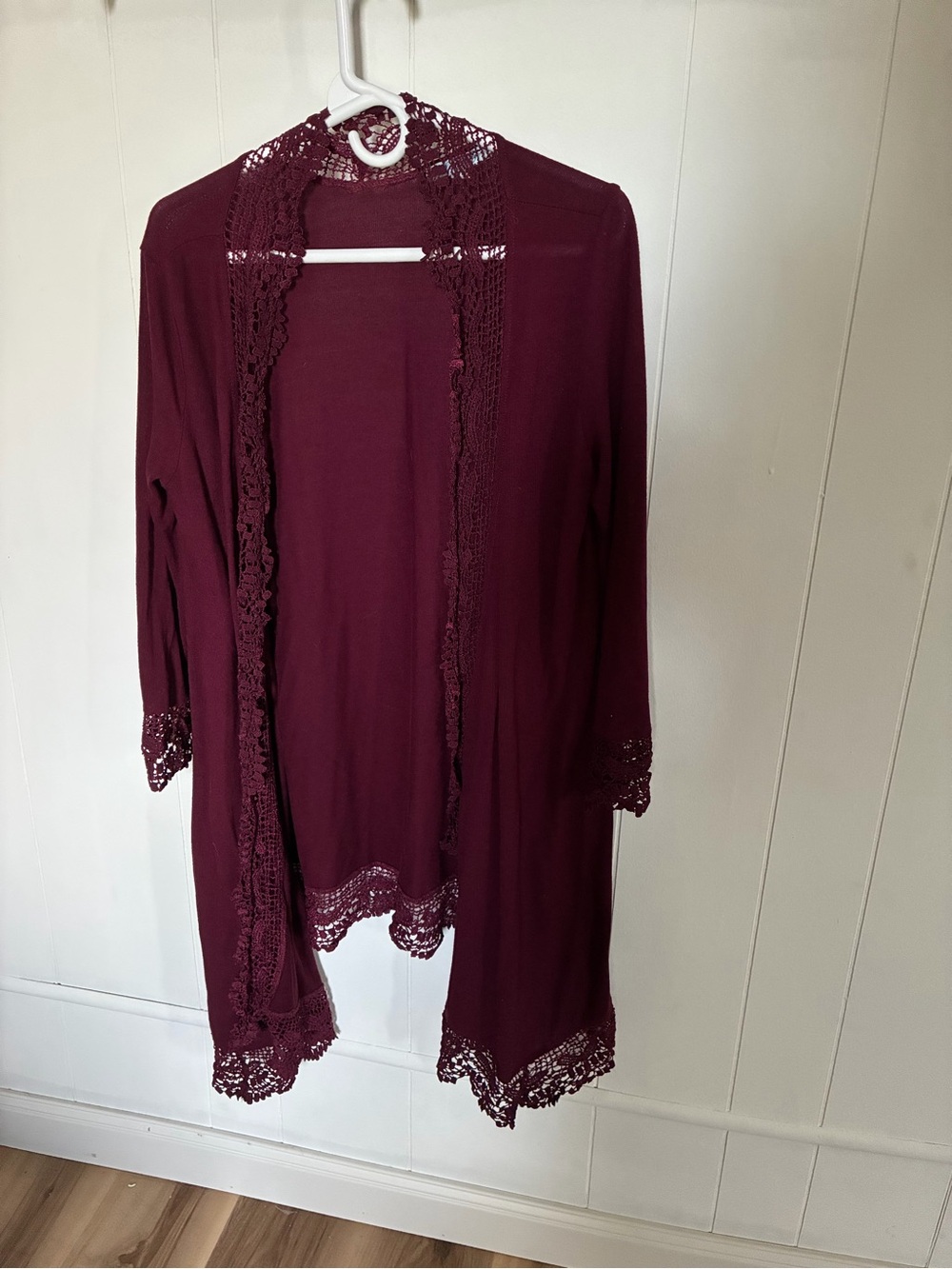 She + Sky Burgundy Lace-Trim Open Front Cardigan
